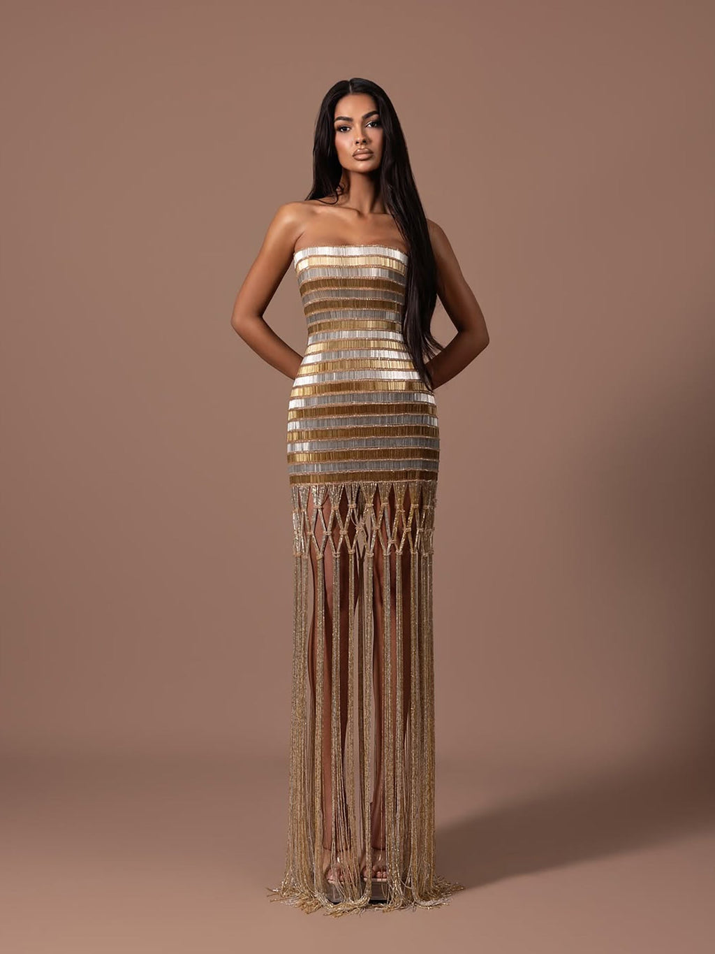 Luxury Gold Color Blocked Strapless Beaded Fringe Dress LA73807