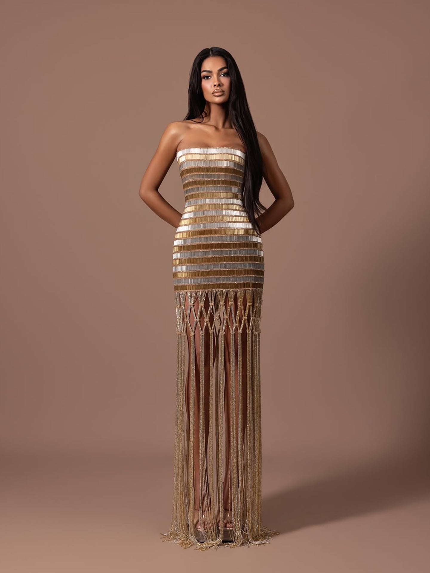 Luxury Gold Color Blocked Strapless Beaded Fringe Dress LA73807