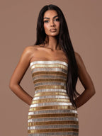 Luxury Gold Color Blocked Strapless Beaded Fringe Dress LA73807
