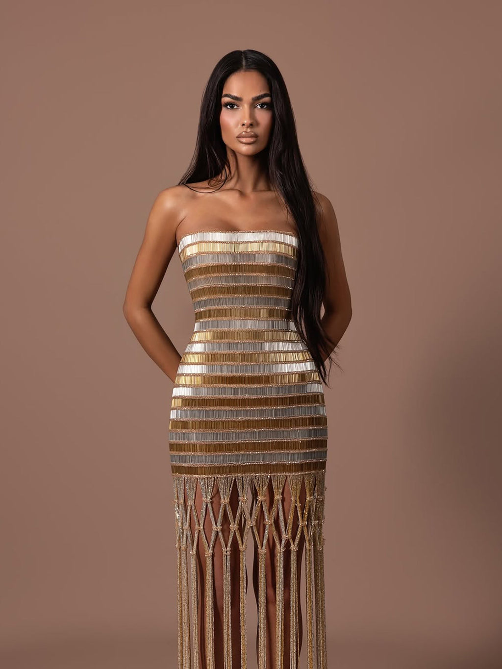 Luxury Gold Color Blocked Strapless Beaded Fringe Dress LA73807