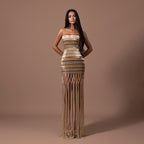 Luxury Gold Color Blocked Strapless Beaded Fringe Dress LA73807