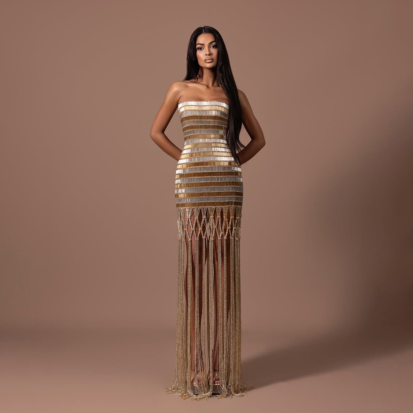 Luxury Gold Color Blocked Strapless Beaded Fringe Dress LA73807