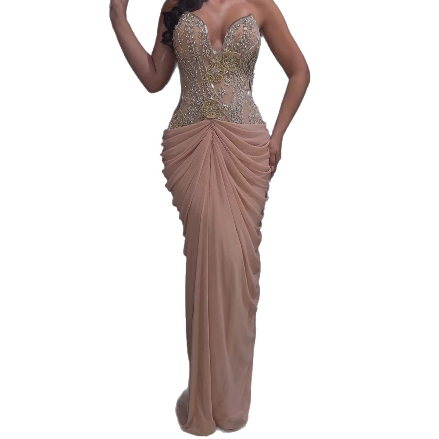 Luxury Nude Tie Back Corset Crystals Evening Gown with Streamer LA73808