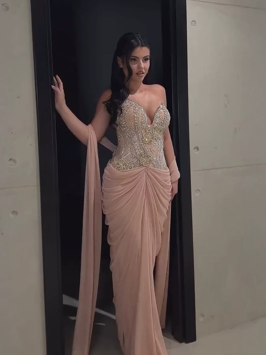 Luxury Nude Tie Back Corset Crystals Evening Gown with Streamer LA73808
