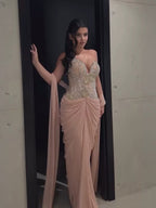 Luxury Nude Tie Back Corset Crystals Evening Gown with Streamer LA73808