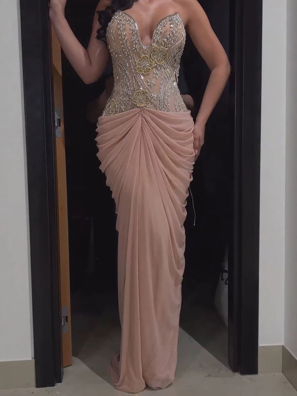 Luxury Nude Tie Back Corset Crystals Evening Gown with Streamer LA73808