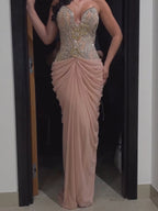 Luxury Nude Tie Back Corset Crystals Evening Gown with Streamer LA73808