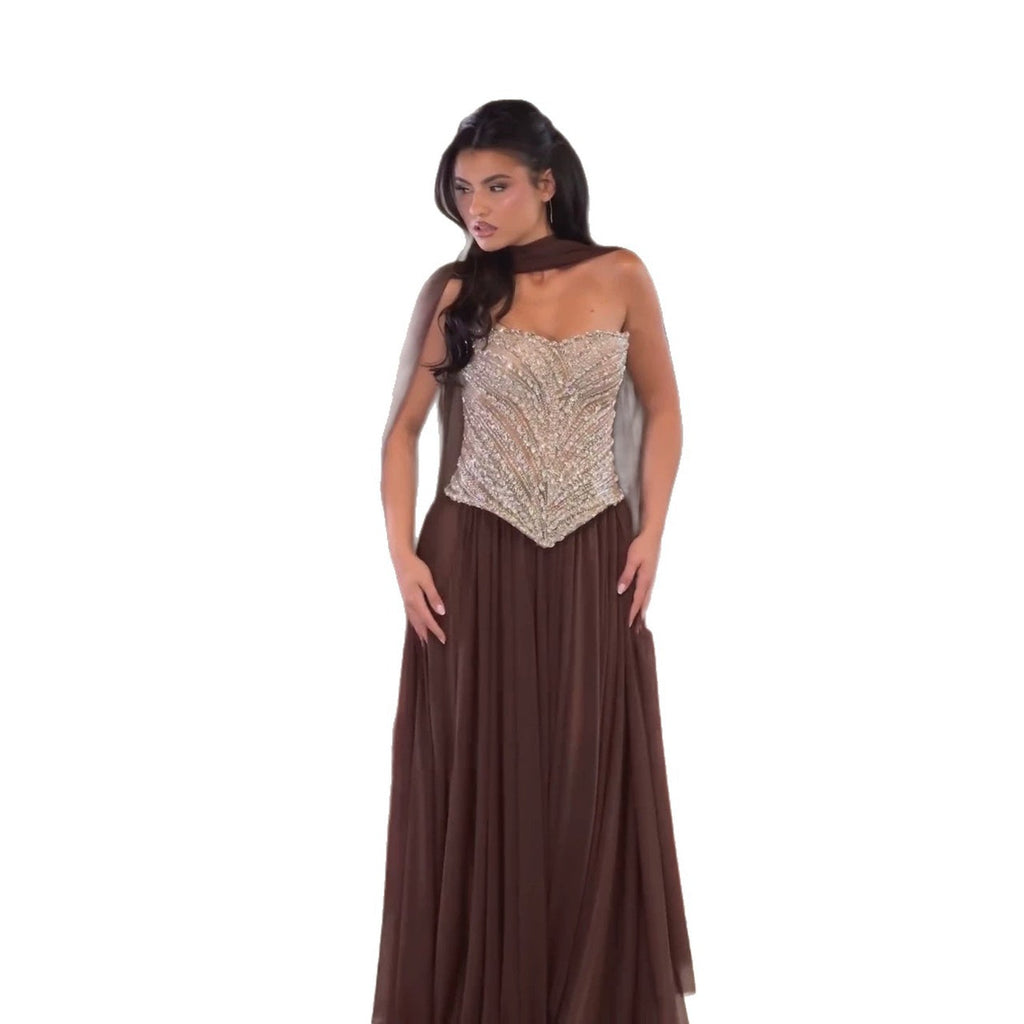 Luxury Brown Strapless Crystal Beaded Corset Evening Dress LA73809