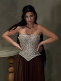 Luxury Brown Strapless Crystal Beaded Corset Evening Dress LA73809