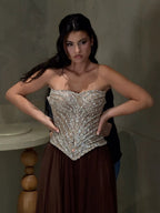 Luxury Brown Strapless Crystal Beaded Corset Evening Dress LA73809