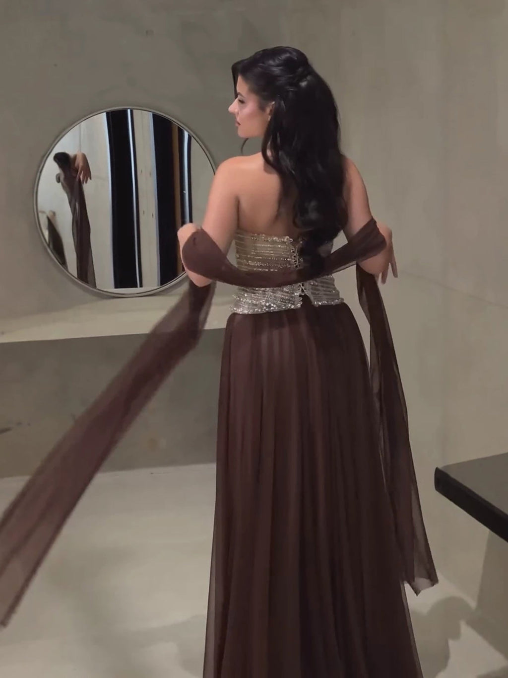 Luxury Brown Strapless Crystal Beaded Corset Evening Dress LA73809