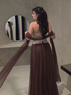 Luxury Brown Strapless Crystal Beaded Corset Evening Dress LA73809