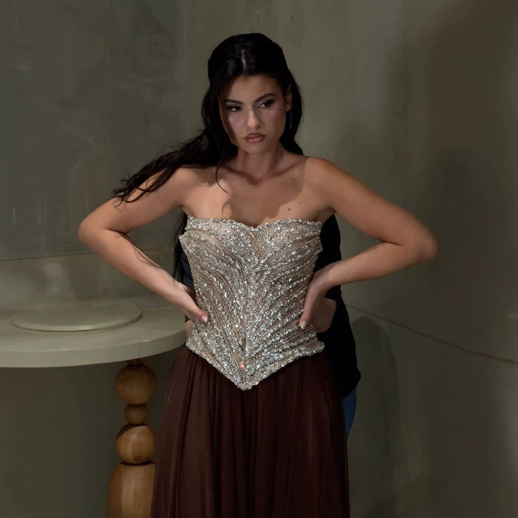 Luxury Brown Strapless Crystal Beaded Corset Evening Dress LA73809