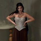 Luxury Brown Strapless Crystal Beaded Corset Evening Dress LA73809