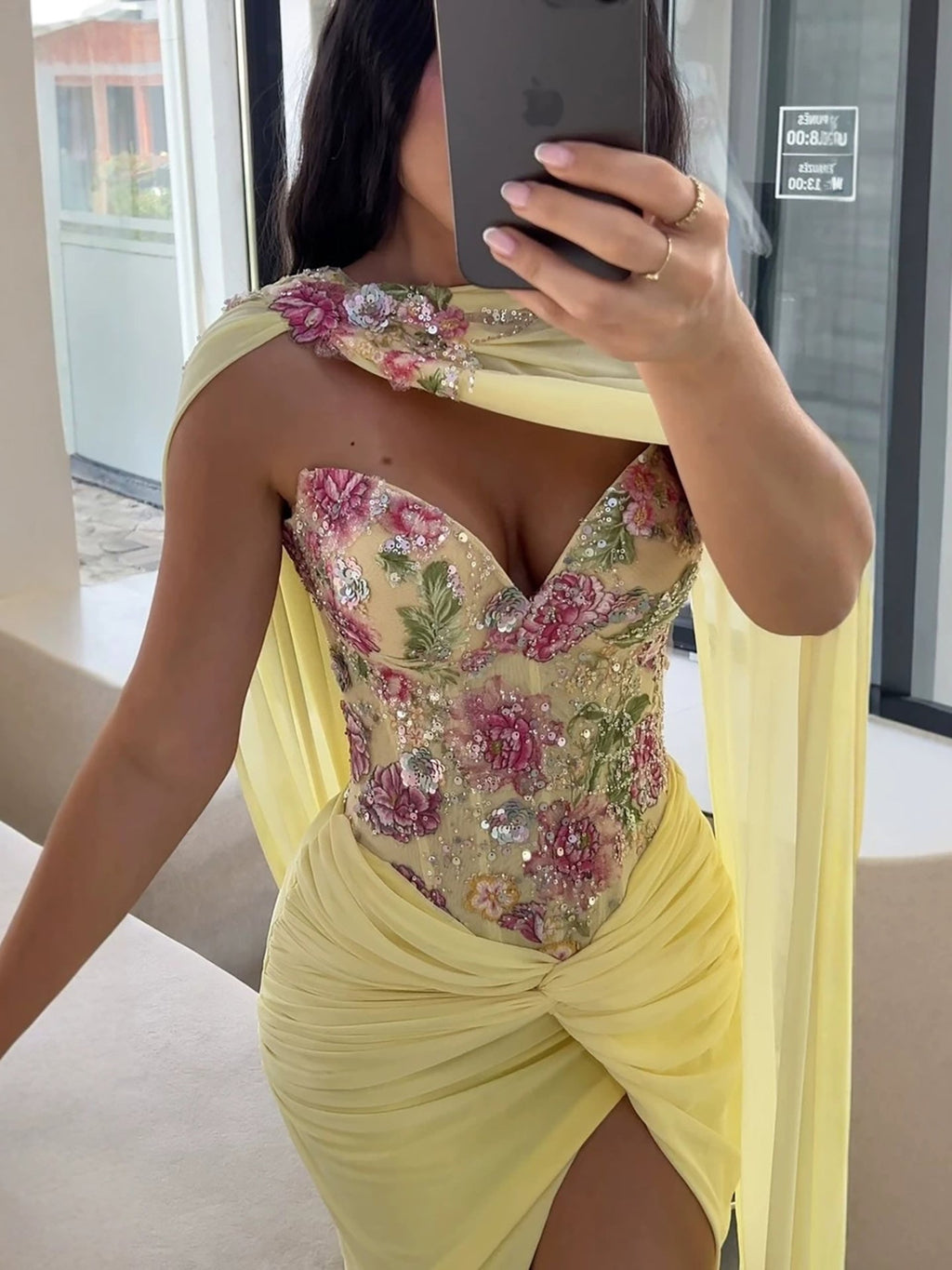 Luxury Yellow Floral Embroidered Corset Evening Gown with Cape LA73810
