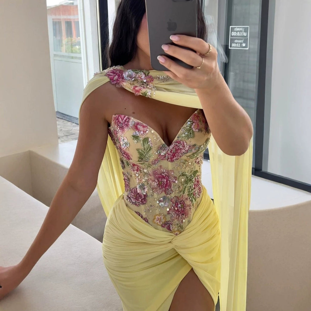 Luxury Yellow Floral Embroidered Corset Evening Gown with Cape LA73810