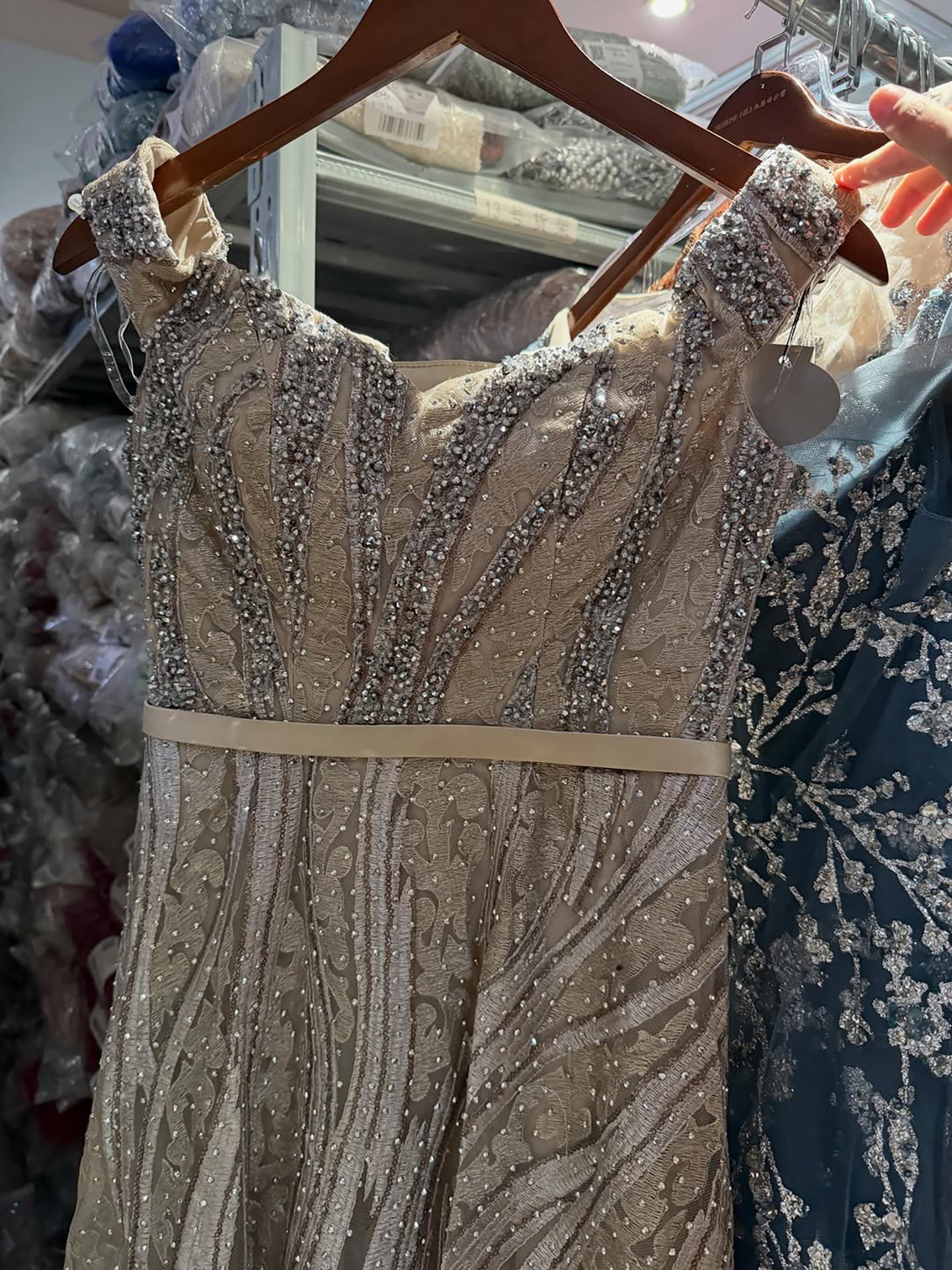 Luxury Caramel Off the Shoulder Beaded A Line Evening Dress LA73811