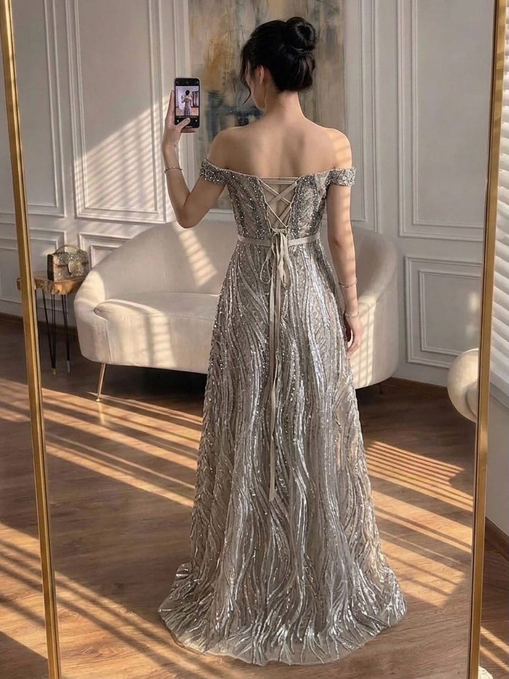 Luxury Caramel Off the Shoulder Beaded A Line Evening Dress LA73811