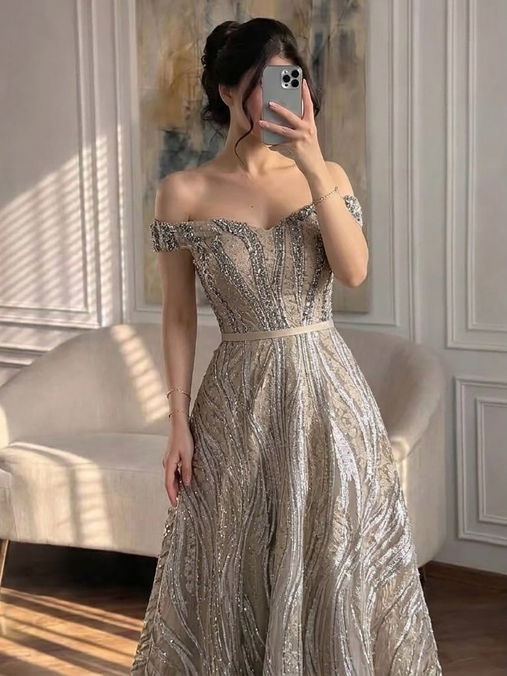 Luxury Caramel Off the Shoulder Beaded A Line Evening Dress LA73811