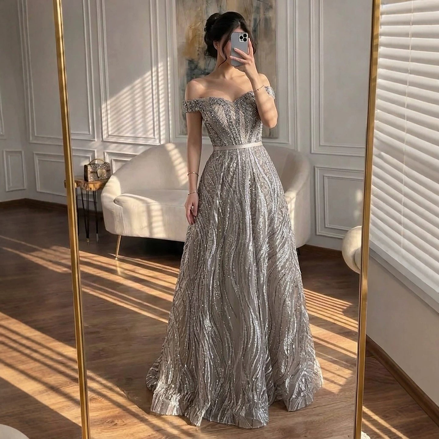 Luxury Caramel Off the Shoulder Beaded A Line Evening Dress LA73811