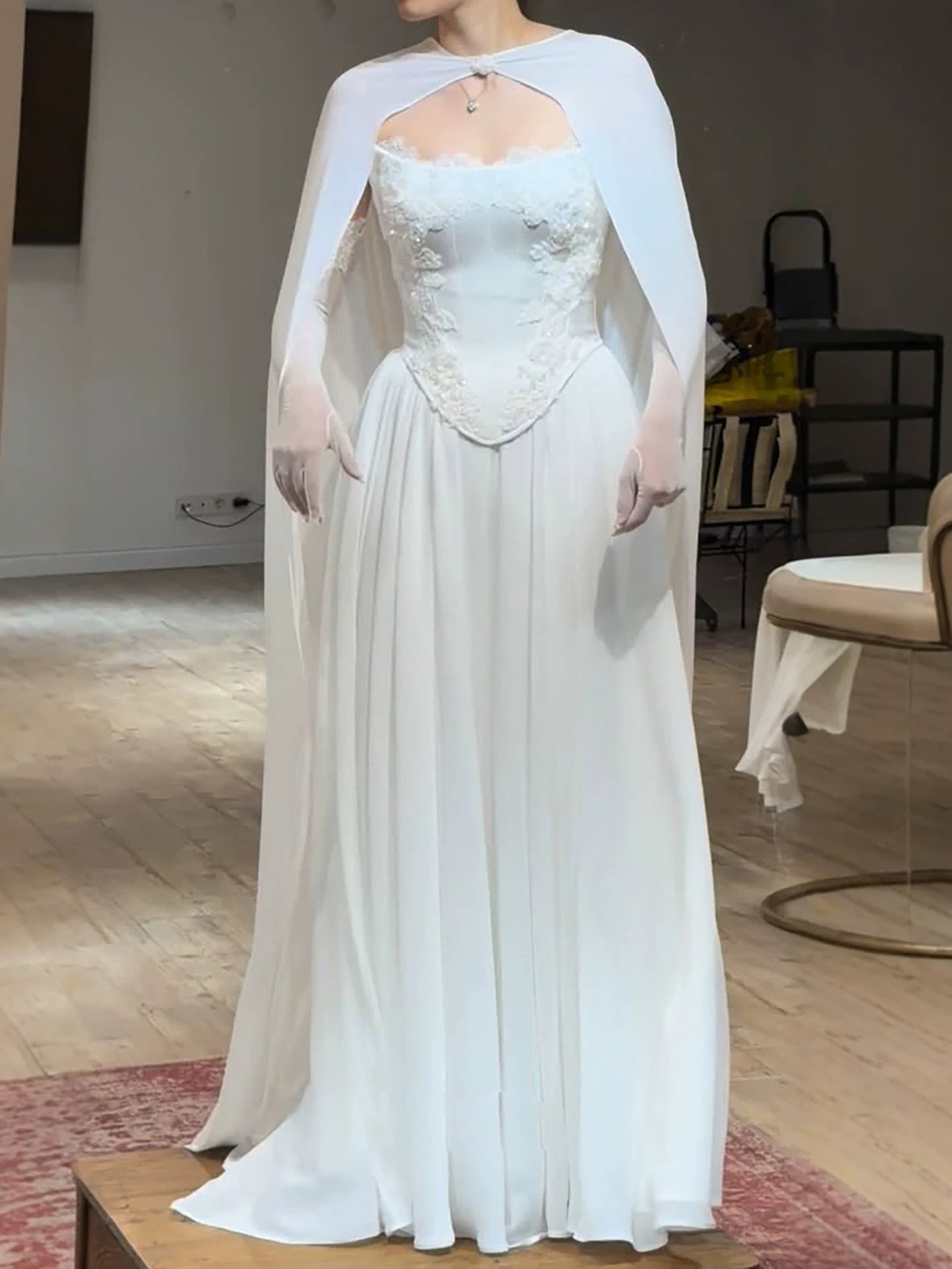 Luxury White Strapless Satin Corset Wedding Gown with Cape LA73813