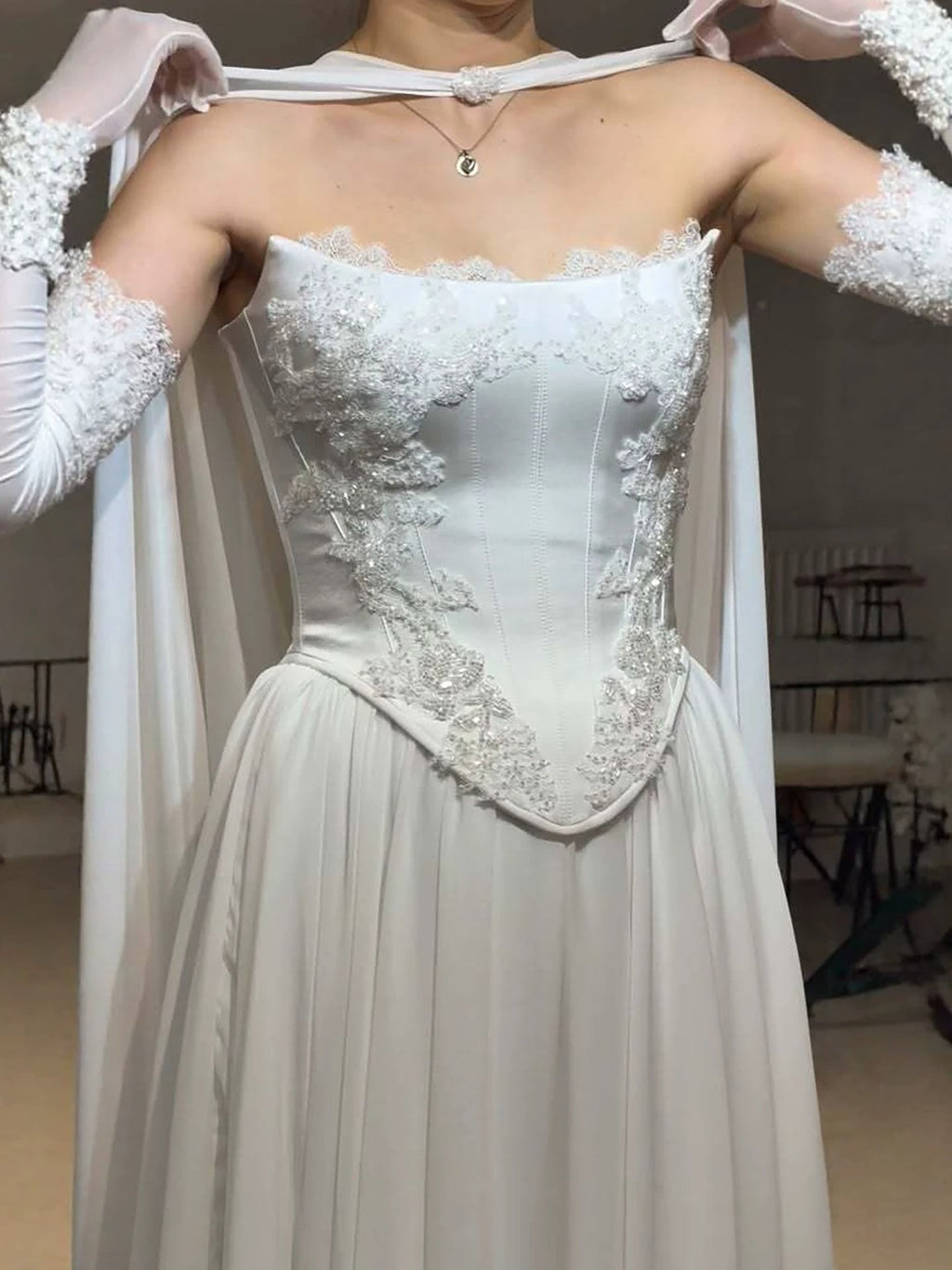 Luxury White Strapless Satin Corset Wedding Gown with Cape LA73813