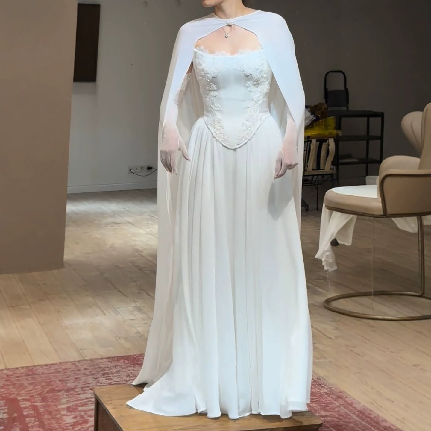 Luxury White Strapless Satin Corset Wedding Gown with Cape LA73813