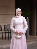 Luxury Pink High Neck 3D Floral Long Sleeve Muslim Wedding Dress LA73814