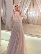 Luxury Pink High Neck 3D Floral Long Sleeve Muslim Wedding Dress LA73814