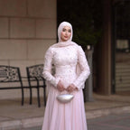 Luxury Pink High Neck 3D Floral Long Sleeve Muslim Wedding Dress LA73814