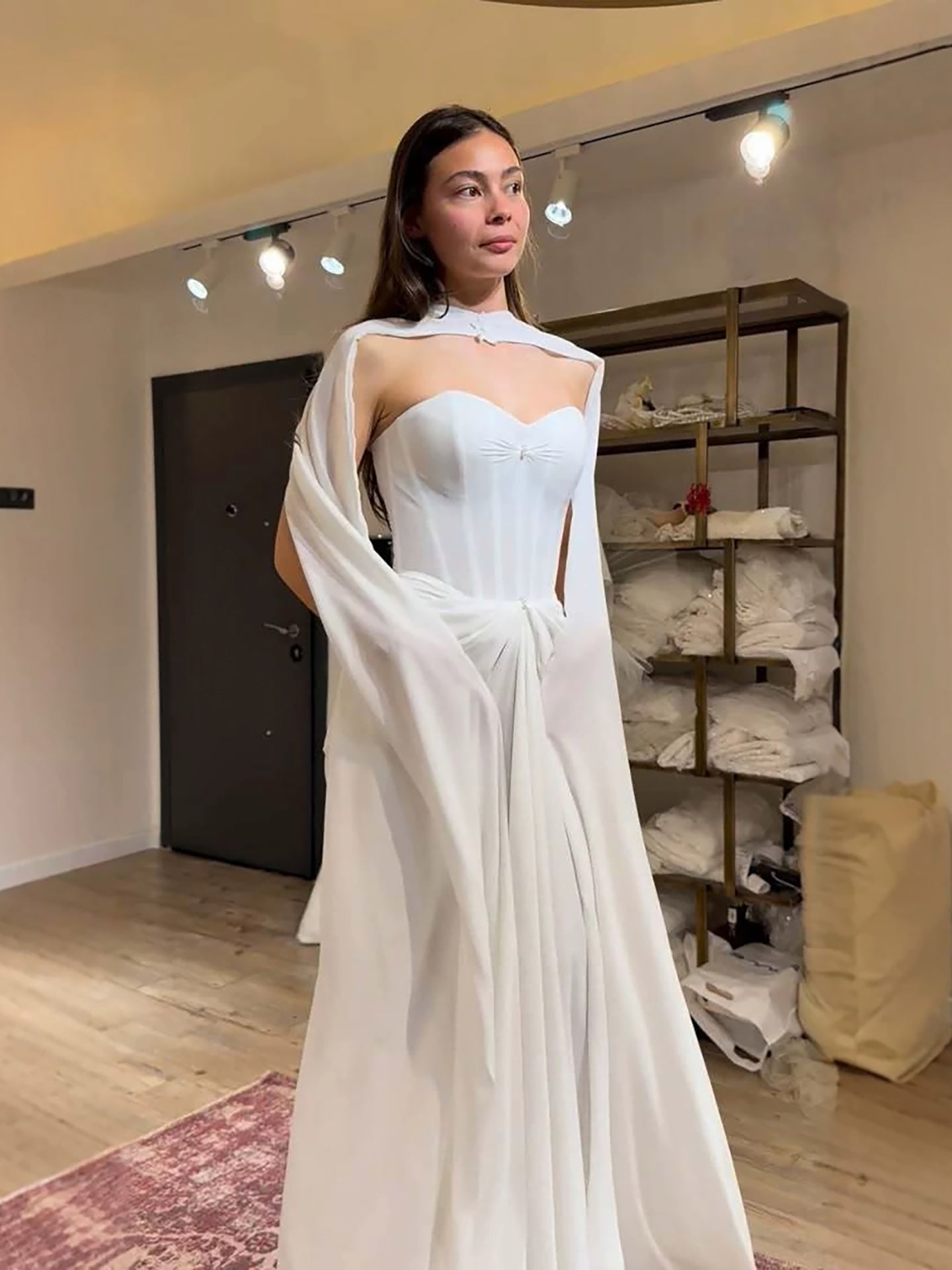 Luxury White Strapless Satin Corset Wedding Dress with Cape LA73815