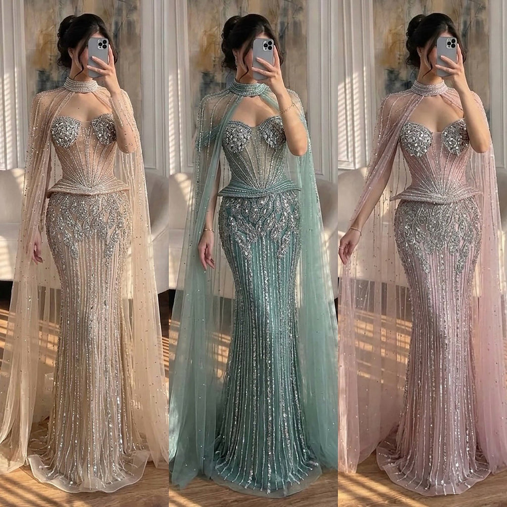 Luxury Nude Crystal Beaded Mermaid Gown with High Neck Cape LA73816