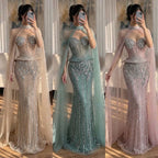 Luxury Nude Crystal Beaded Mermaid Gown with High Neck Cape LA73816