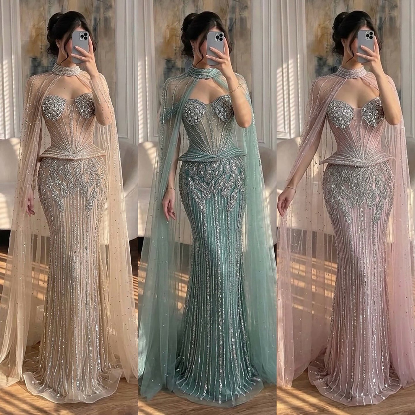 Luxury Nude Crystal Beaded Mermaid Gown with High Neck Cape LA73816