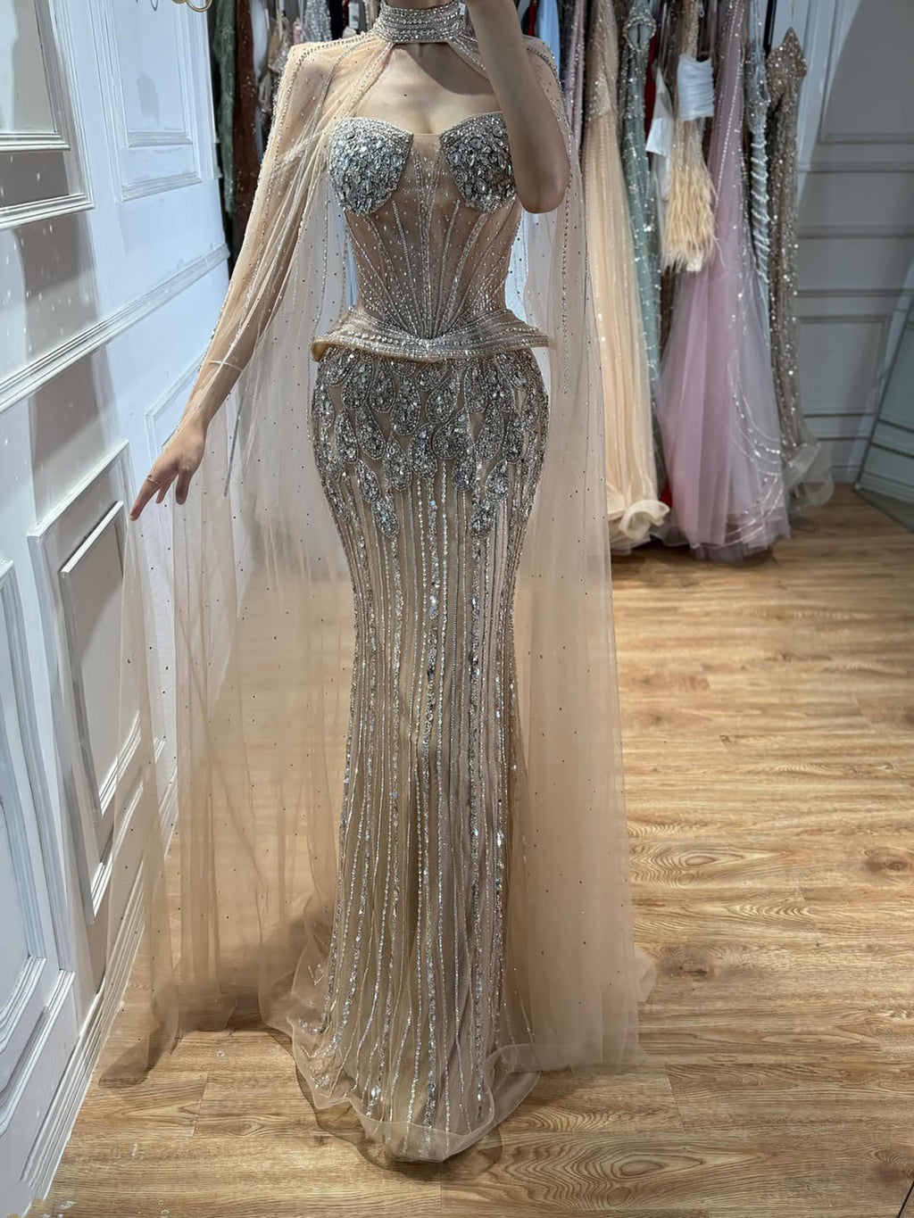Luxury Nude Crystal Beaded Mermaid Gown with High Neck Cape LA73816