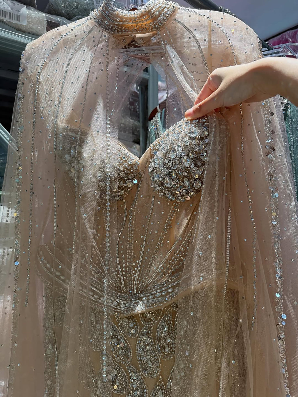 Luxury Nude Crystal Beaded Mermaid Gown with High Neck Cape LA73816