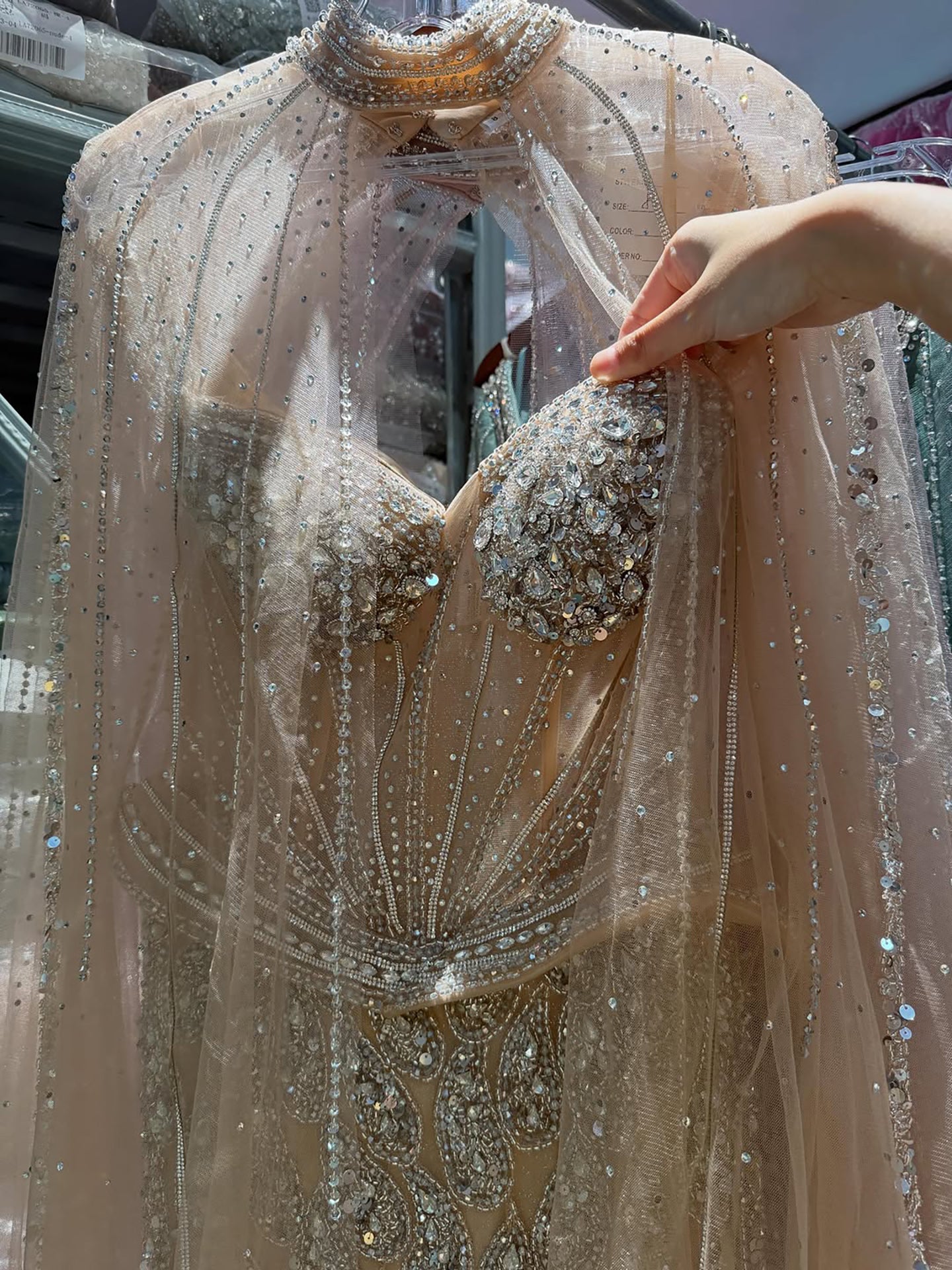 Luxury Nude Crystal Beaded Mermaid Gown with High Neck Cape LA73816