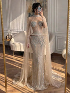 Luxury Nude Crystal Beaded Mermaid Gown with High Neck Cape LA73816
