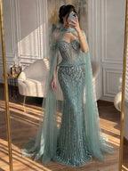 Luxury Nude Crystal Beaded Mermaid Gown with High Neck Cape LA73816