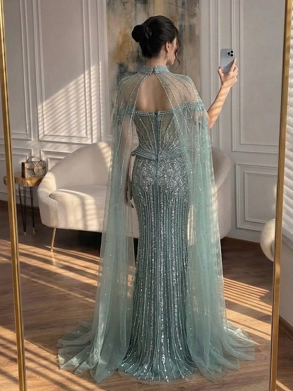 Luxury Nude Crystal Beaded Mermaid Gown with High Neck Cape LA73816