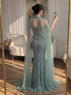 Luxury Nude Crystal Beaded Mermaid Gown with High Neck Cape LA73816