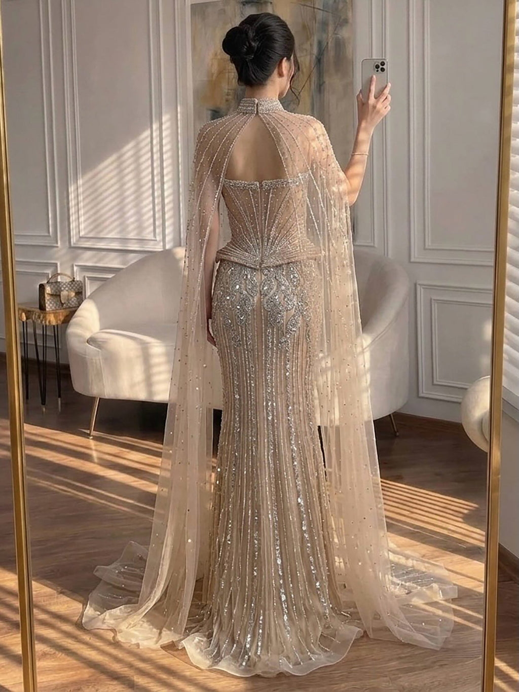 Luxury Nude Crystal Beaded Mermaid Gown with High Neck Cape LA73816