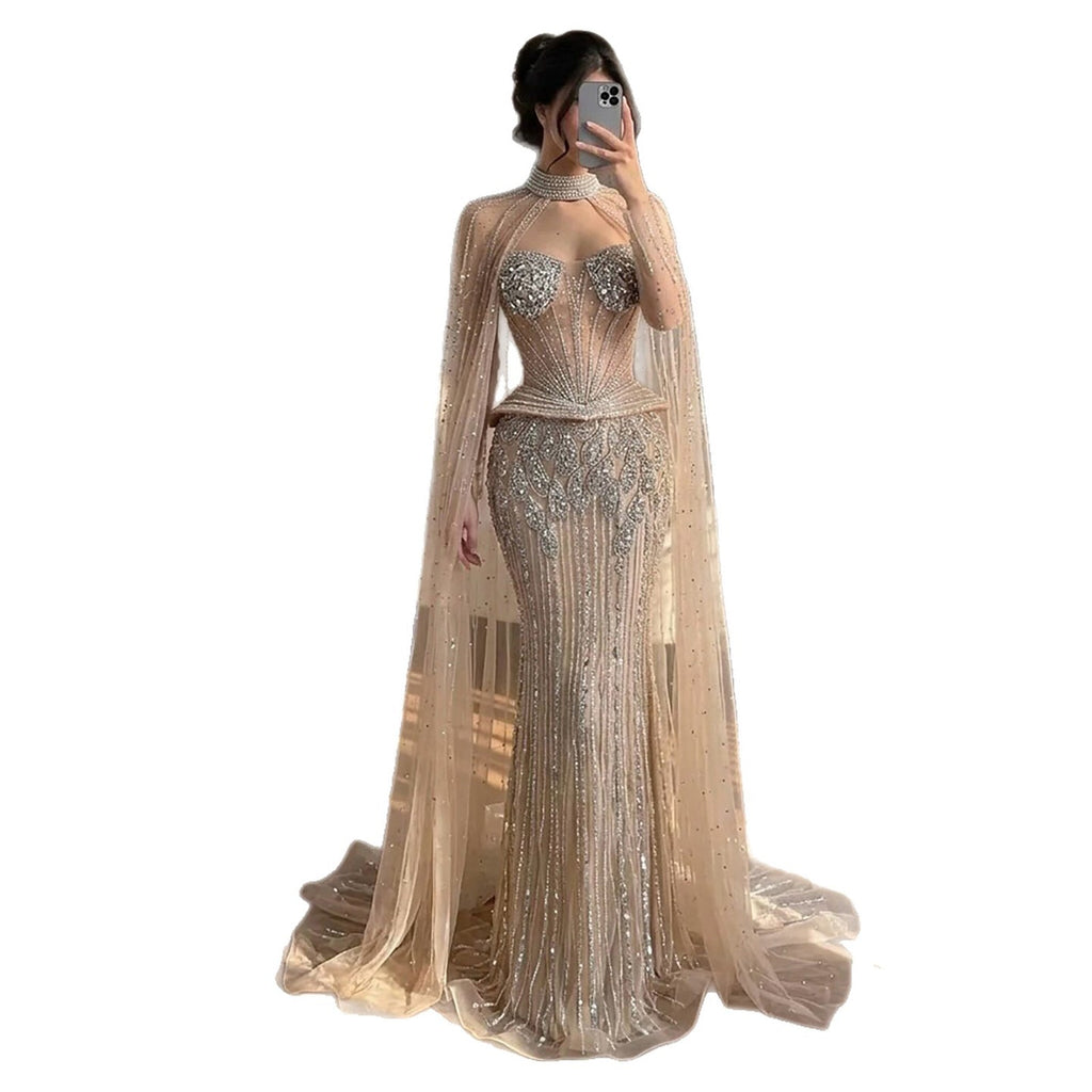 Luxury Nude Crystal Beaded Mermaid Gown with High Neck Cape LA73816
