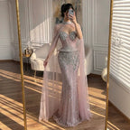 Luxury Nude Crystal Beaded Mermaid Gown with High Neck Cape LA73816
