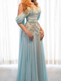 Luxury Blue Strapless Beaded Corset Evening Gown with Sleeves LA73817