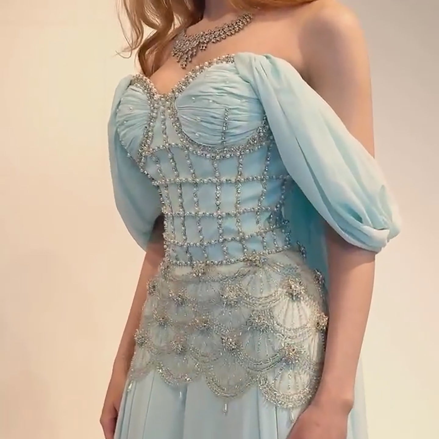 Luxury Blue Strapless Beaded Corset Evening Gown with Sleeves LA73817