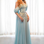 Luxury Blue Strapless Beaded Corset Evening Gown with Sleeves LA73817