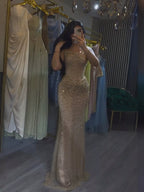 Luxury Gold Crystal Beaded Strapless Mermaid Evening Dress LA73818