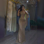 Luxury Gold Crystal Beaded Strapless Mermaid Evening Dress LA73818