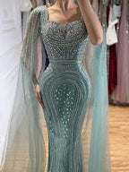 Luxury Turquoise Beaded Mermaid Gown with Cape Sleeves LA73819